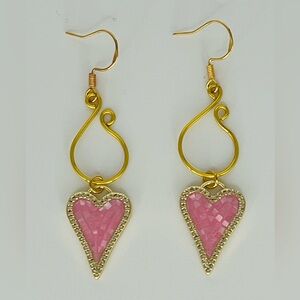 Hand-Shaped Gold Tone Wire Earrings with Pink Heart Accent